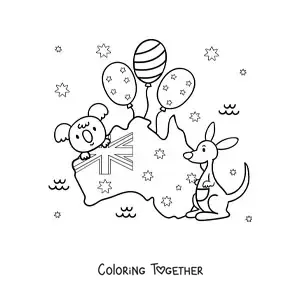 Coloring page of the flag of Australia on a map with a kawaii kangaroo and koala