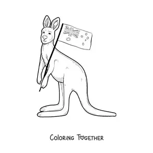 Coloring page of a kangaroo with the flag of Australia