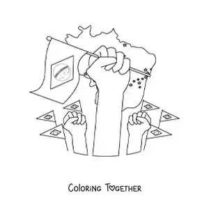 Coloring page of several hands holding the flag of Brazil with a map in the background