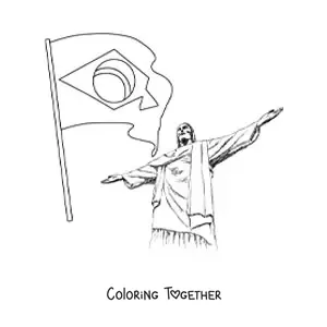 Coloring page of the flag of Brazil next to Christ the Redeemer