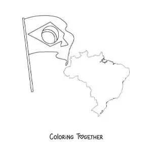 Coloring page of the flag of Brazil next to a map