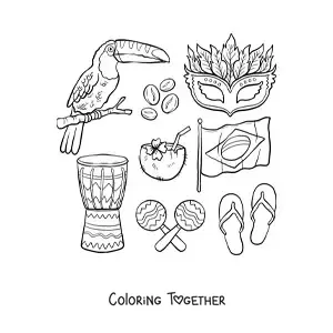 Coloring page of the flag of Brazil, a toucan, a drum, maracas, a coconut, and a mask