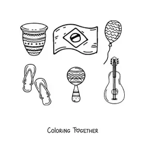 Coloring page of the flag of Brazil, a drum, a maraca, an instrument, and a sandal