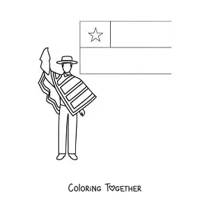 Coloring page of a man in traditional Chilean dress next to the flag of Chile