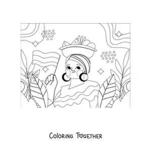 Coloring page of a woman in traditional Colombian dress holding the flag of Colombia