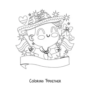 Coloring page of a little boy in traditional Colombian dress holding the flag of Colombia