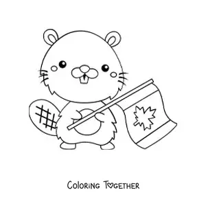 Coloring page of a kawaii beaver holding the flag of Canada