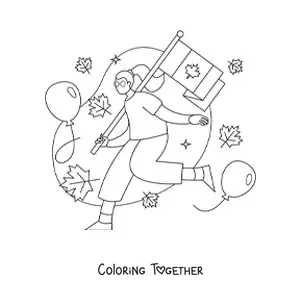 Coloring page of a girl holding the flag of Canada with leaves