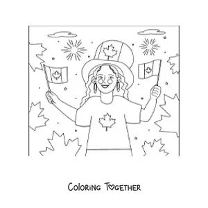 Coloring page of a girl holding the flag of Canada with a hat