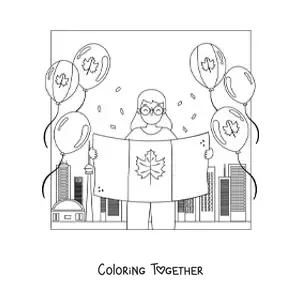 Coloring page of a girl holding the flag of Canada with balloons