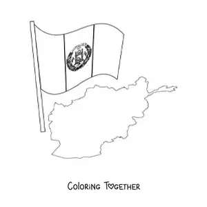 Coloring page of the flag of Afghanistan next to a map