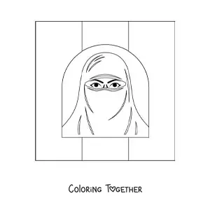 Coloring page of the flag of Afghanistan with a woman with her face covered