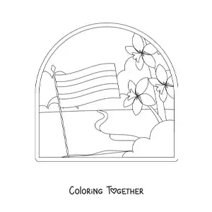Coloring page of the flag of Costa Rica in a landscape with the national flower