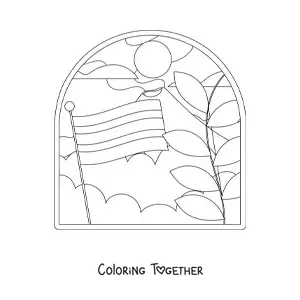 Coloring page of the flag of Costa Rica in a landscape with a volcano