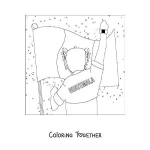 Coloring page of a man celebrating in front of the flag of Guatemala