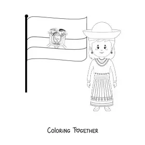 Coloring page of a woman with the flag of Ecuador