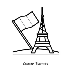 Coloring page of the flag of France with the Eiffel Tower