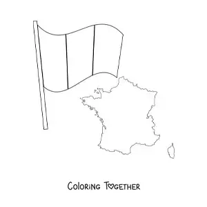 Coloring page of the flag of France next to a map