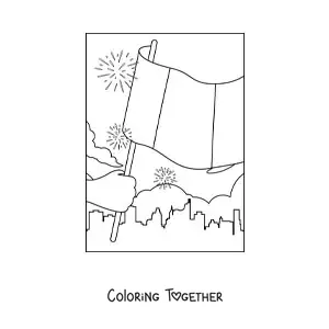 Coloring page of a hand holding the flag of France in the city