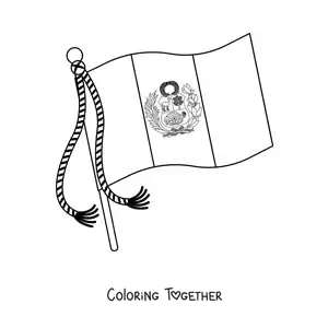 Coloring page of the flag of Peru with the coat of arms waving on a pole