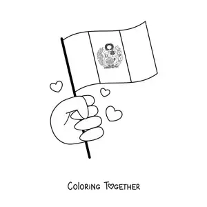 Coloring page of a hand holding the flag of Peru with the coat of arms