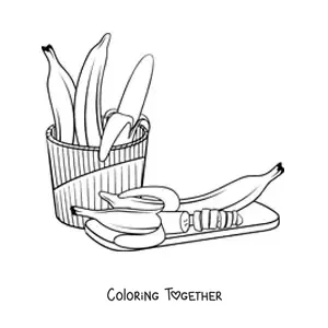 Coloring page of several bananas next to a banana cut into pieces