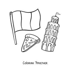 Coloring page of the flag of Italy with pizza and the Tower of Pisa