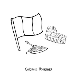 Coloring page of the flag of Italy with pasta and the Roman Colosseum
