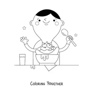 Coloring page of a happy boy eating a banana split