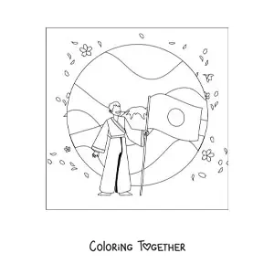 Coloring page of a boy with the flag of Japan and a landscape