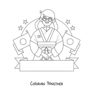 Coloring page of a girl with flags of Japan