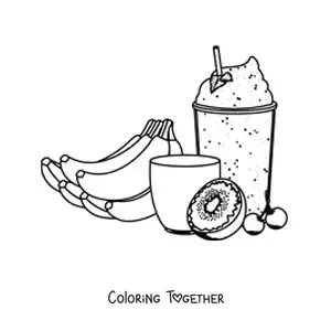 Coloring page of a glass with a banana milkshake topped with kiwi and cherry
