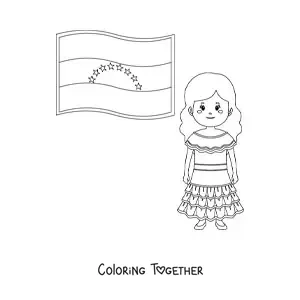 Coloring page of a girl with the flag of Venezuela