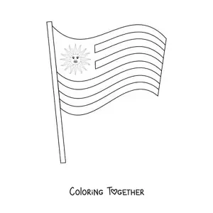 Coloring page of the flag of Uruguay waving on a pole