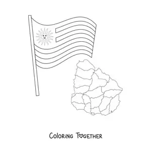 Coloring page of the flag of Uruguay with a map