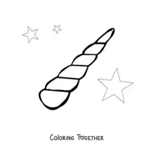 Coloring page of a unicorn's horn with stars in the background