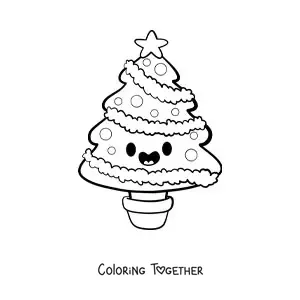 Coloring page of a kawaii Christmas tree in a pot