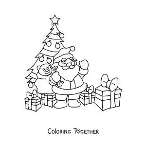 Coloring page of Santa Claus with a Christmas tree and presents
