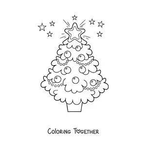 Coloring page of a big Christmas tree decorated with stars all around