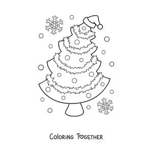 Coloring page of a Christmas tree with a Santa hat and snowflakes all around