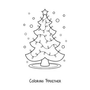 Coloring page of a Christmas tree with lights