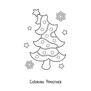 Coloring page of a Christmas tree with stars and snowflakes in the background
