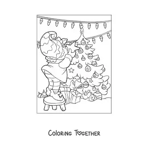 Coloring page of one of Santa's elves placing the star on the little tree