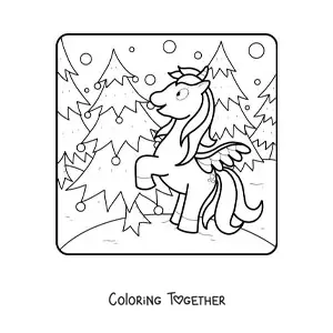 Coloring page of a cartoon unicorn next to a Christmas tree