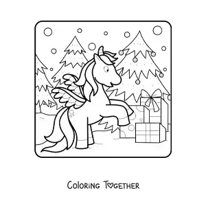 Coloring page of a cartoon unicorn next to a Christmas tree with presents