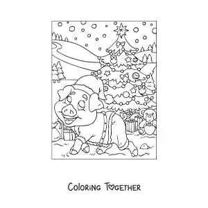 Coloring page of a cartoon pig dressed as Santa with a Christmas tree and presents