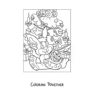 Coloring page of a cartoon rabbit opening presents next to the Christmas tree