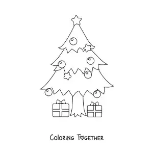 Coloring page of a Christmas tree with presents