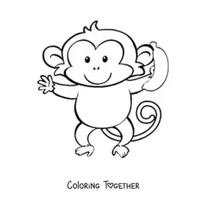 Coloring page of a kawaii cartoon monkey eating a banana