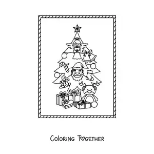 Coloring page of a decorated Christmas tree with presents underneath